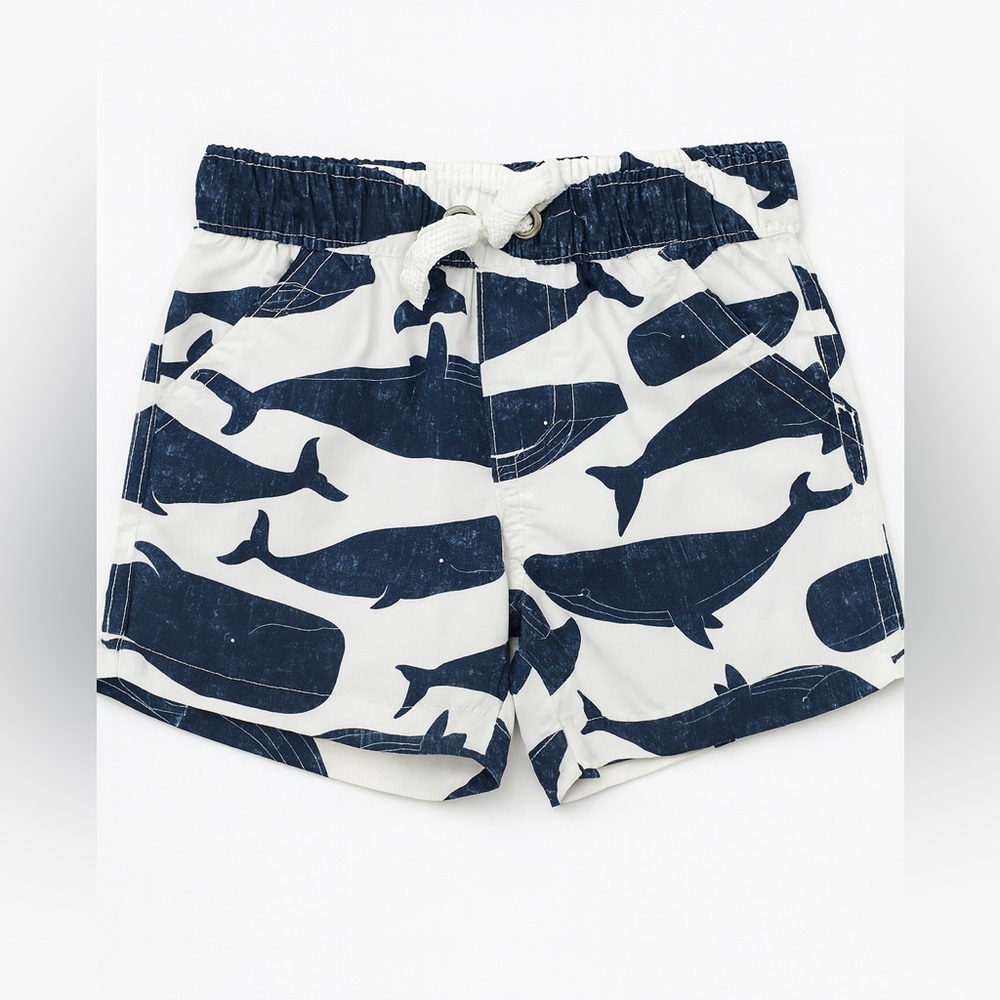 Kids Swim Trunks with Whale Print - Blue and White